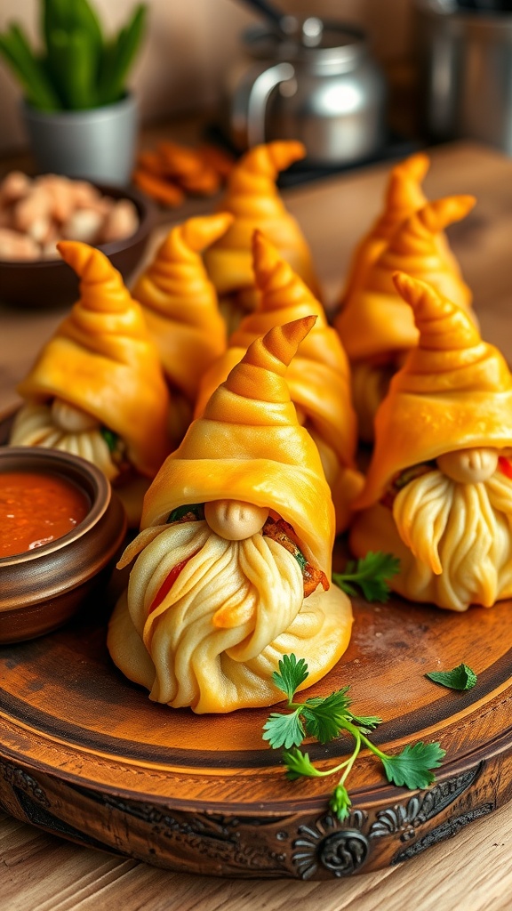 Baked dwarves with flaky pastry and savory filling on a wooden platter.